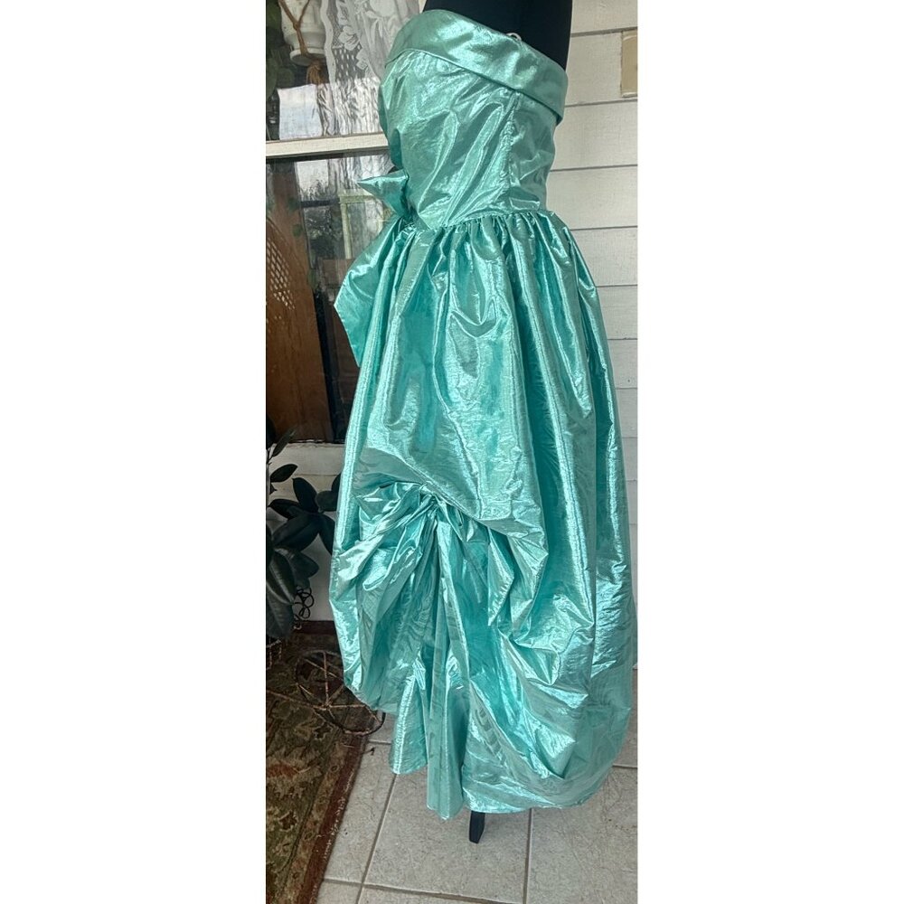 Vintage 80's Aqua Green Lame' Ball /Prom Gown Bustled Bow TD4 Eletra size 11/12 - Picture 11 of 16